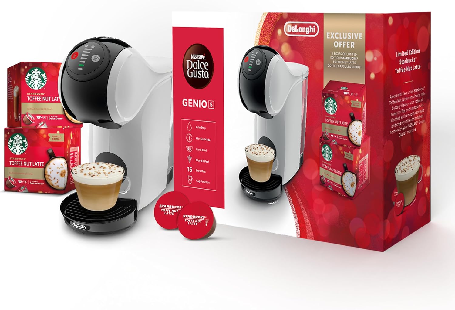 Dolce Gusto De'Longhi EDG226.W Genio S Pod Coffee Machine, Toffee Nut Latte Bundle, 0.8L removable water tank, White