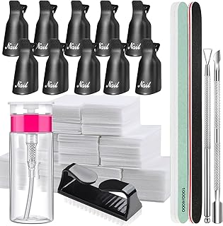 FANDAME Gel Nail Polish Remover Tools Kit, 10 PCS Nail Polish Remover Clips Black, 100ml Nail Polish Remover Bottle, 500PCS Cotton Pad, Nail Brush, Cuticle Pusher, Nail File, Buffer Block Tools kit
