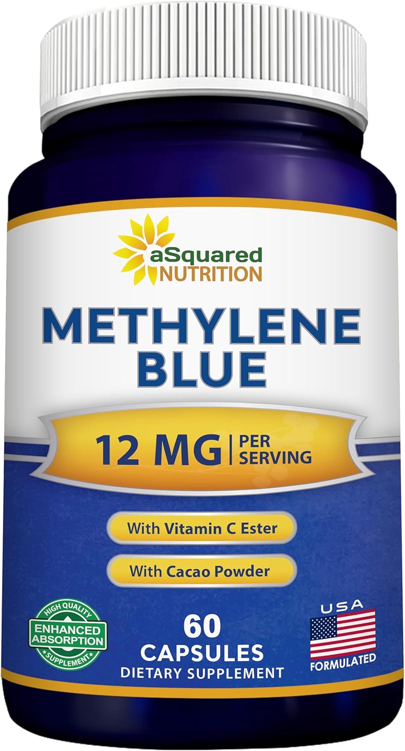 aSquared Nutrition Methylene Blue Capsules - Pharmaceutical Grade Supplement for Humans - 12mg USP Grade - w/Vitamin C & Cacao Powder - Brain, Focus, Energy - Alternative to Drops & Tablets