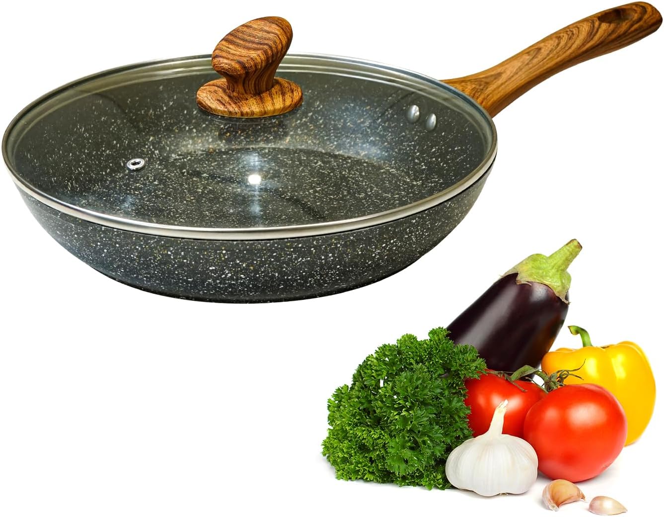 AEX 28cm Nonstick Frying Pan with Lid | Scratch-Resistant & Durable Skillet | Cool-Touch Wooden Handle | Suitable for Induction, Gas, and Electric Hobs