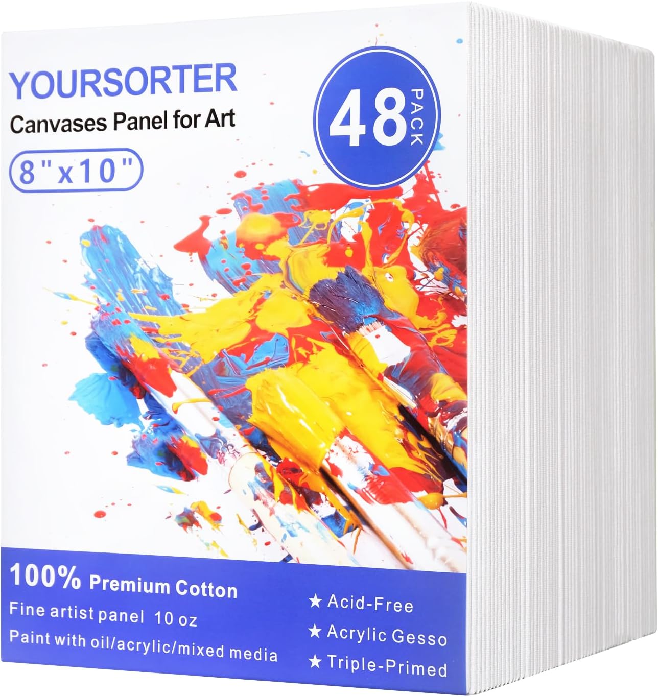 Canvases for Painting 48 Pack, 8x10 inch Blank Canvas Boards, Primed Acid-Free 100% Cotton Canvas Panels for Acrylic Oil Tempera Watercolor Paints, Art Supplies