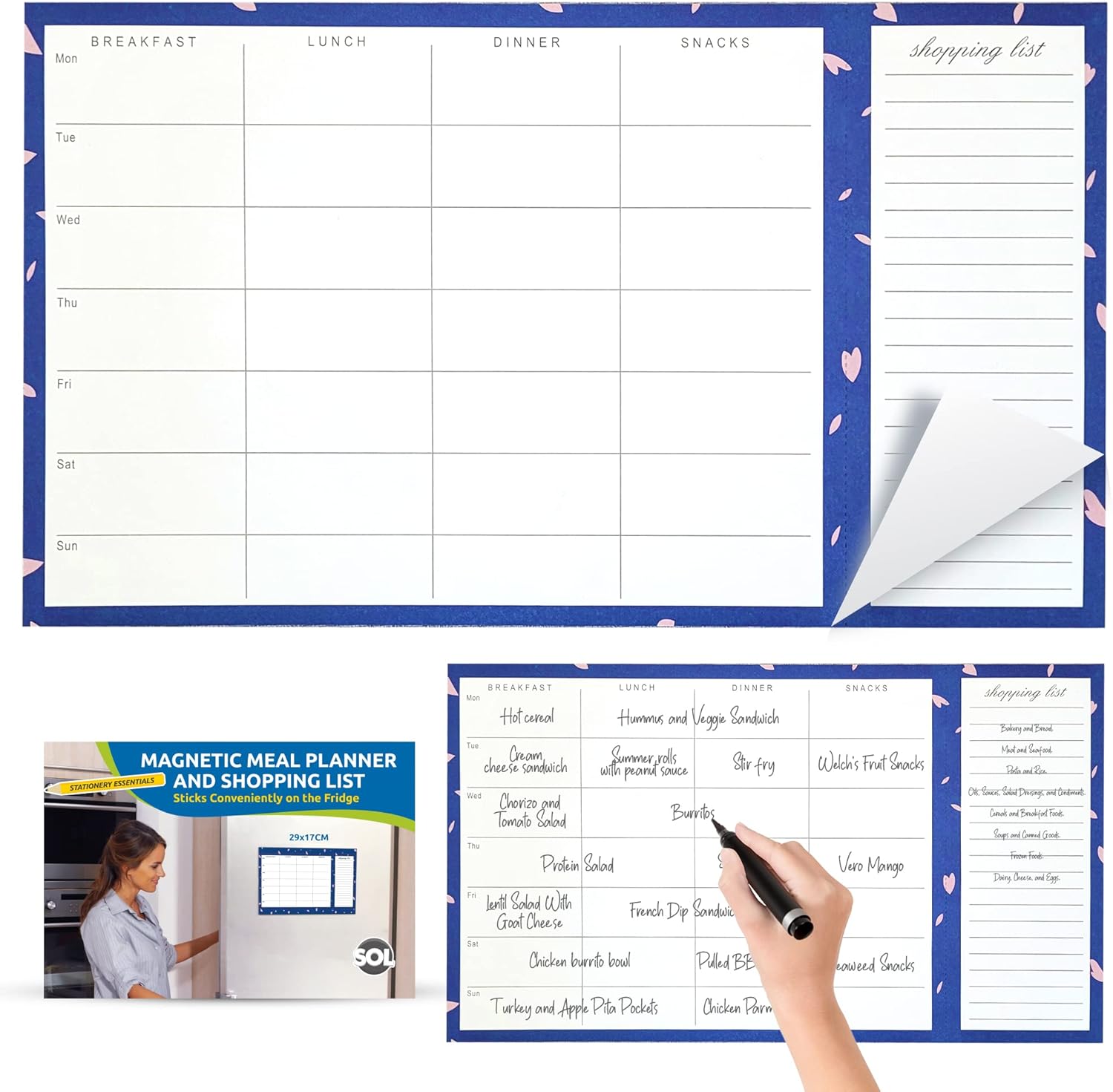 SOL Weekly Magnetic Meal Planner & Shopping List, Weekly Meal Planner & Shopping List 52 Sheets, Ideal for Fridge Organization, Meal Prep & Grocery Planning, Built-In Magnet for Easy Fridge Attachment