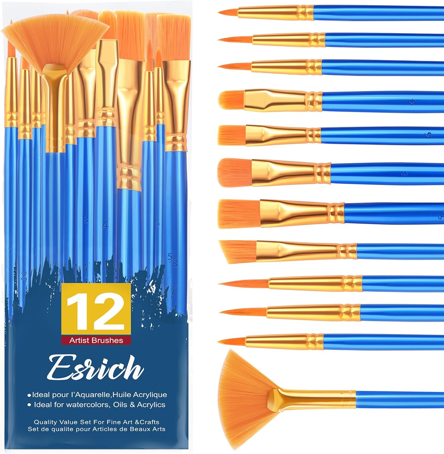 ESRICH Paint Brushes Set,1pack/12pcs Nylon Hair Round-Pointed Tip Acrylic Paint Brushes for Watercolor Oil Rock Face Painting,12 Sizes Paint Brush for All Purposes Kids Adult Arts Painting Brush Kits.