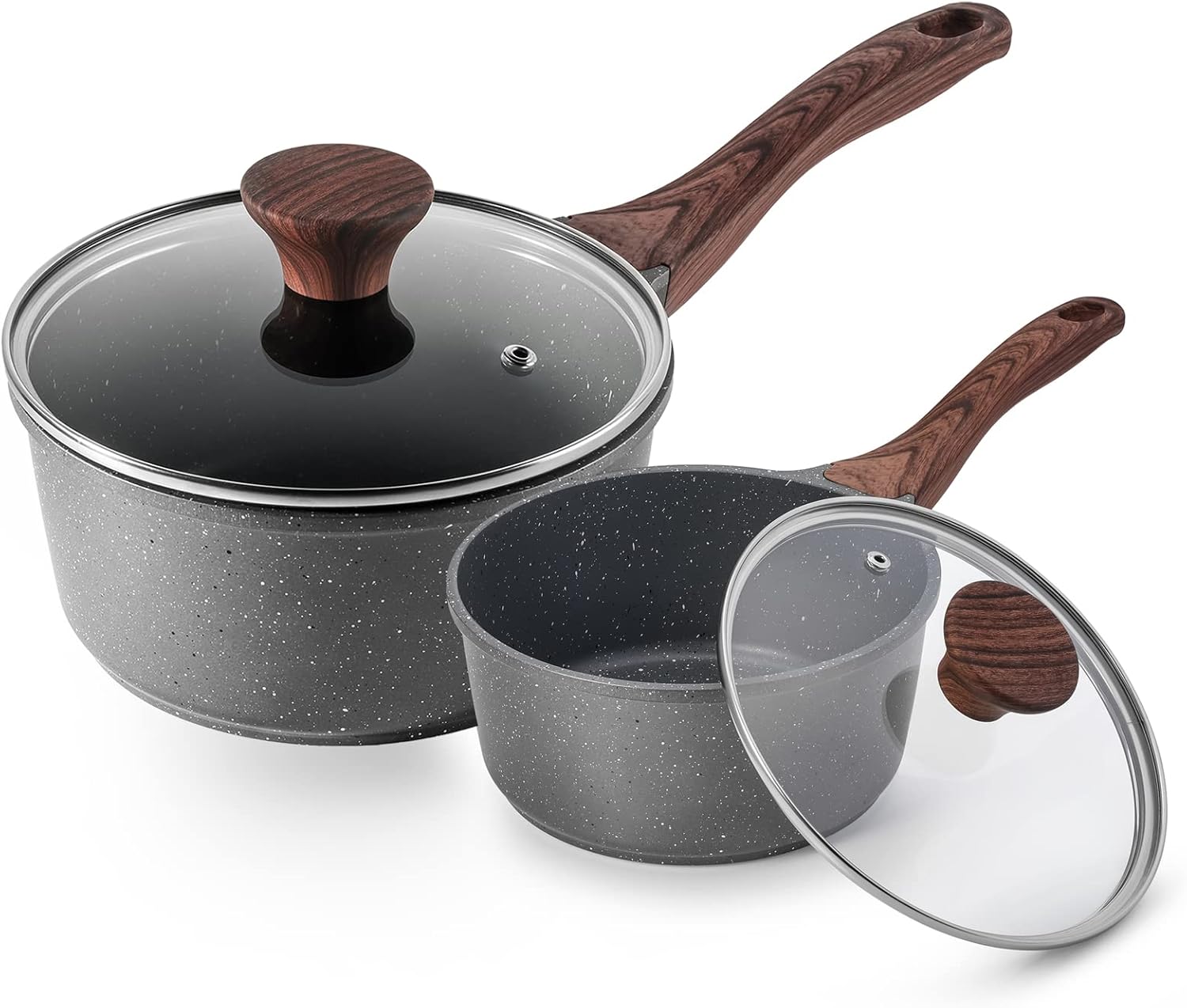 SENSARTE Nonstick Sauce Pan Set with Lid, 1.5QT + 2.5QT Saucepan with Handle Swiss Granite Coated, Stay-cool Handle, Induction Compatible, PFOA Free