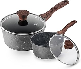 SENSARTE Nonstick Sauce Pan Set with Lid, 1.5QT + 2.5QT Saucepan with Handle Swiss Granite Coated, Stay-cool Handle, Induction Compatible, PFOA Free