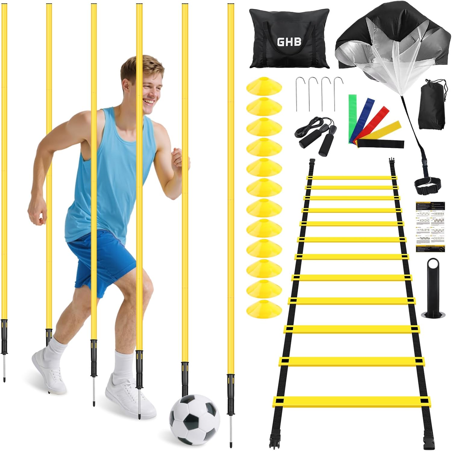 GHB Soccer Agility Training Equipment, 6 Agility Poles, 20ft Speed Ladder, 12 Disc Cones, Resistance Parachute, Jump Rope, 5 Resistance Bands, Soccer Training Poles for Speed Agility Training