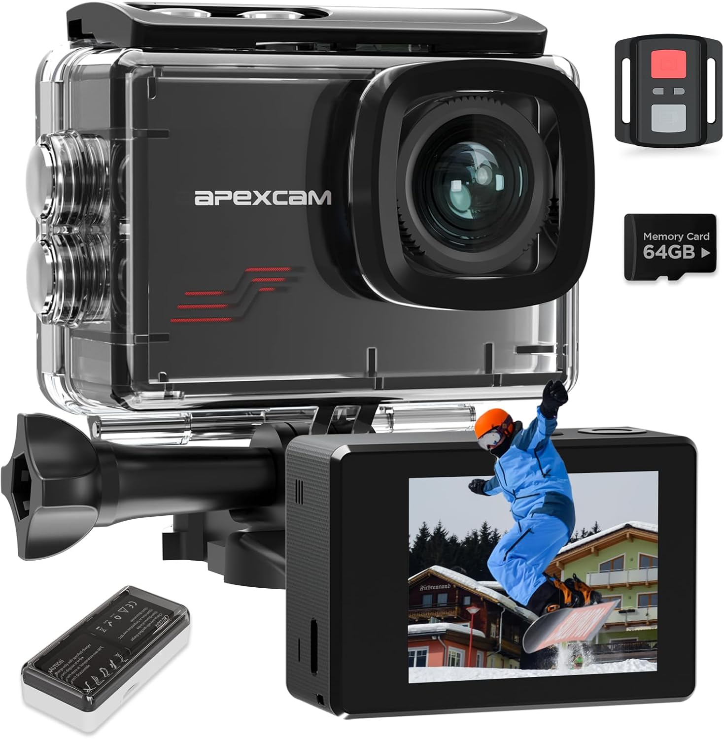 Apexcam M80 Action Camera with 64GB Card 4K 60FPS 48MP 40M Ultra HD Camera Underwater Waterproof Sport Camera 8X Zoom Pre-Recording WIFI Wide Angle with 2x1350 Battery Holder Set Accessories Kits