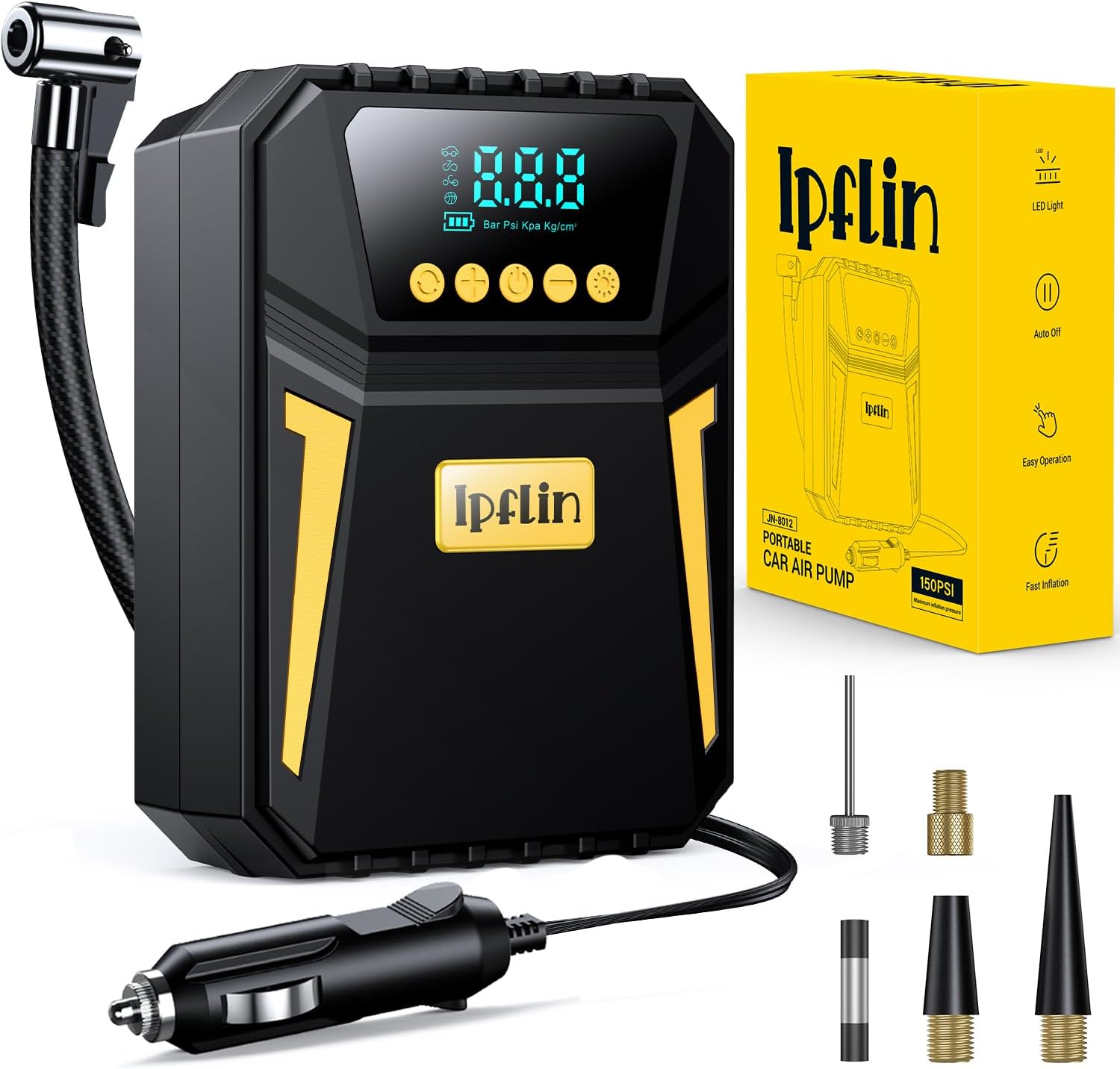 Ipflin Tyre Inflator Air Compressor - Digital Car Tyre Pump 12V DC,Portable Car Accessories for Men,Electric Air Pump 150 PSI For Car Tyres,Bikes,Football,Preset Tyre Pressure & Auto Shutoff