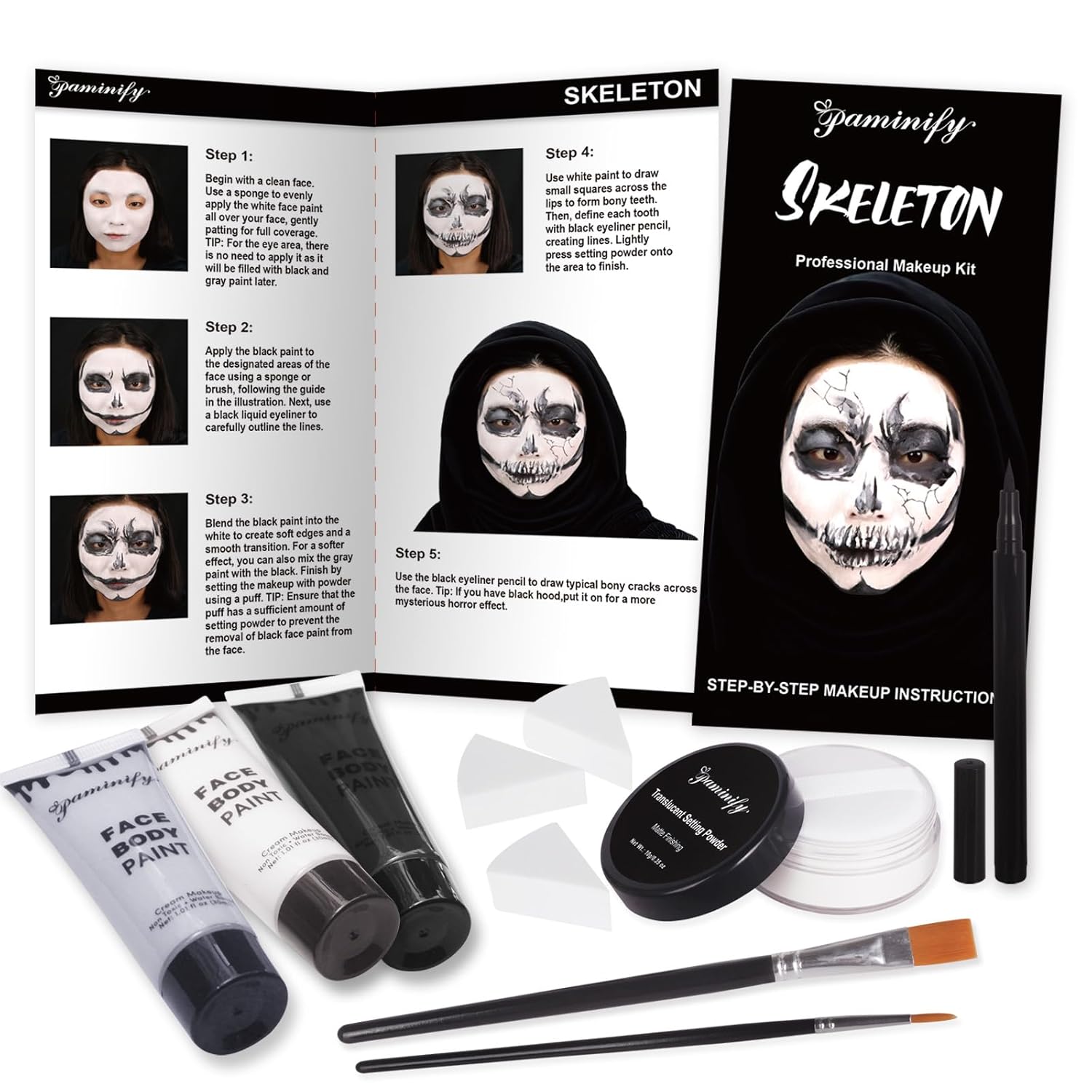 Skeleton Halloween Makeup Kit,Black White Light Gray Face Paint Kit,Water Based Body Paint for Skull,Professional Costume SFX Makeup Kit for Adults & Kids
