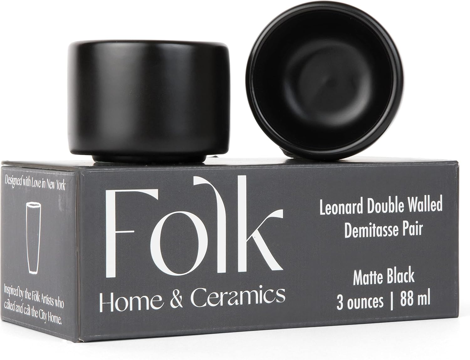 Leonard Ceramic Espresso Cups | Set of 2, 3oz, Matte Black | Modern Stackable Demitasse Mugs for Espresso | Thick Walled, Handleless, Durable, Dishwasher & Microwave Safe