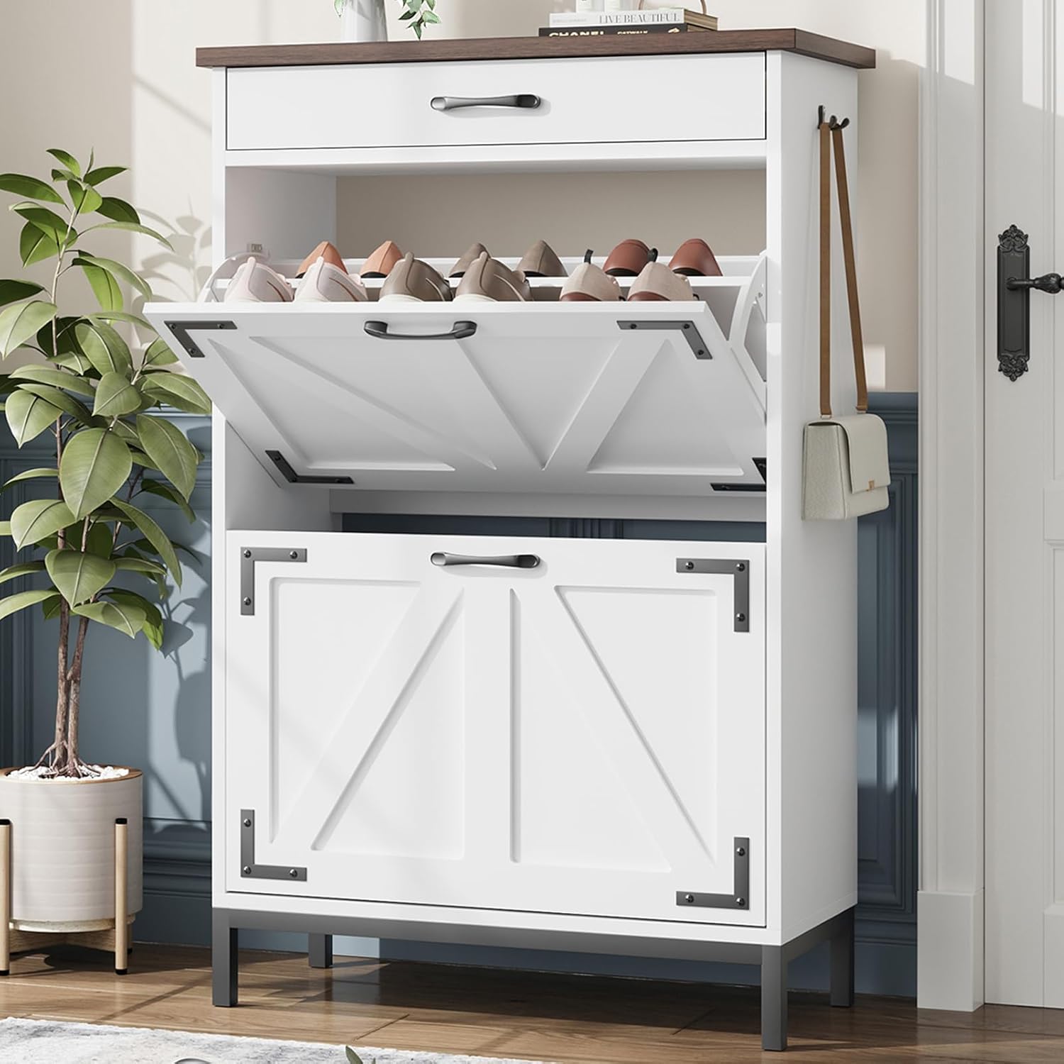 Shoe Cabinet Storage for Entryway Hidden Shoes Storage Cabinet Farmhouse Narrow Shoe Organizer Cabinet with 2 Flip Drawers, Free Standing Slim Shoe Cabinet for Door Entry, Foyer, Hallway, White