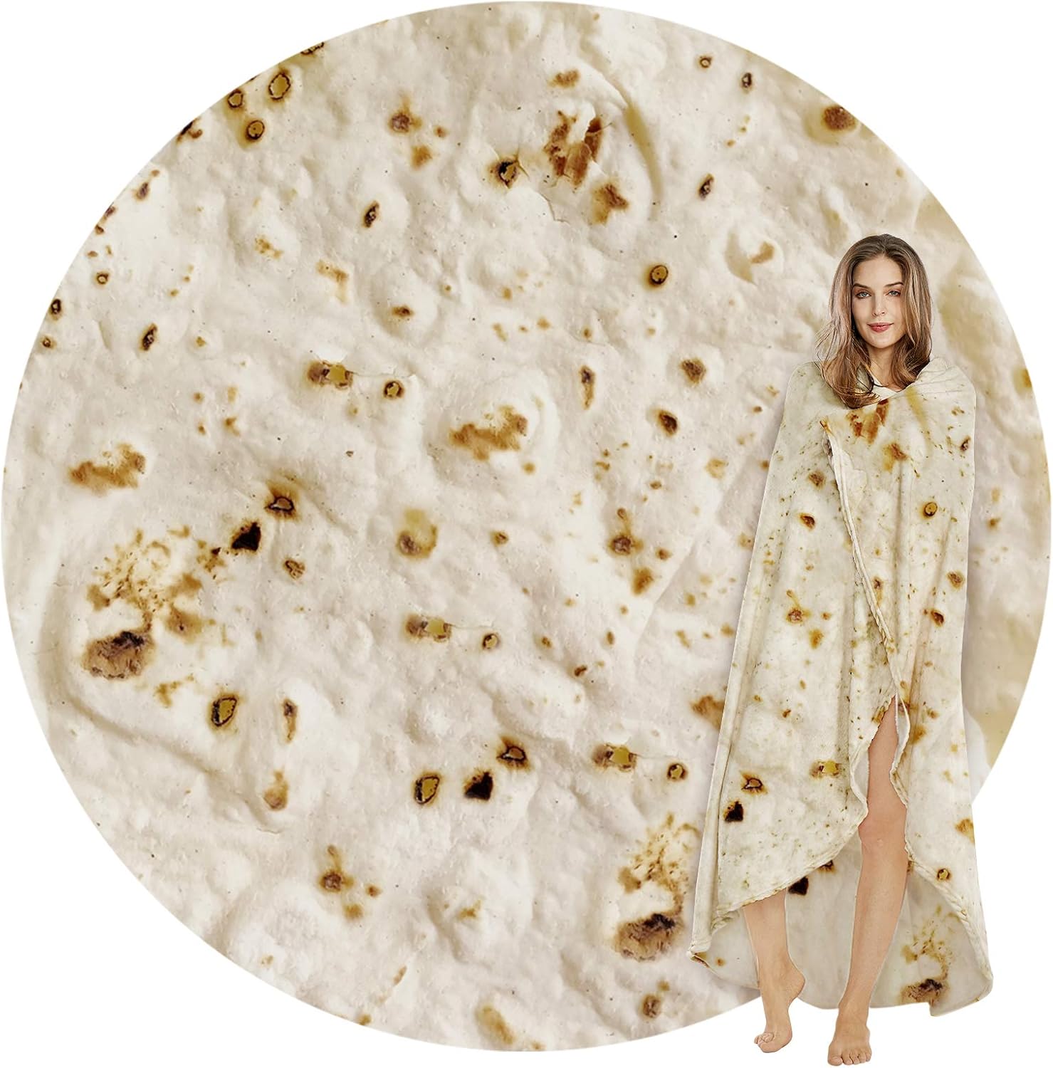 SeaRoomy Burritos Tortilla Blanket, Realistic Food Wrap Blanket Double Sided, Novelty Funny Tortilla Round Giant Soft Blankets (Beige, 47 inches)