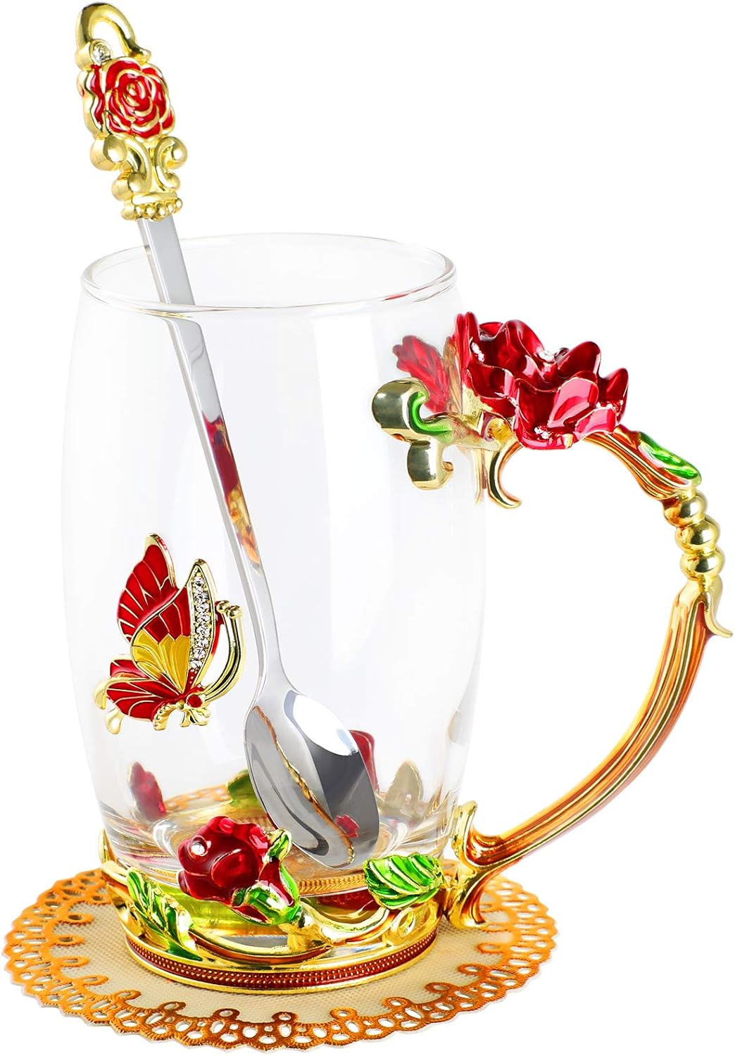 WD&CD Rose Butterfly Glass Tea Coffee Cups Mugs with Spoon and Coaster, Gifts for Her Girlfriend Wife Mum Women on Christmas Valentine's Day Mother's Day Anniversary, Red Tall