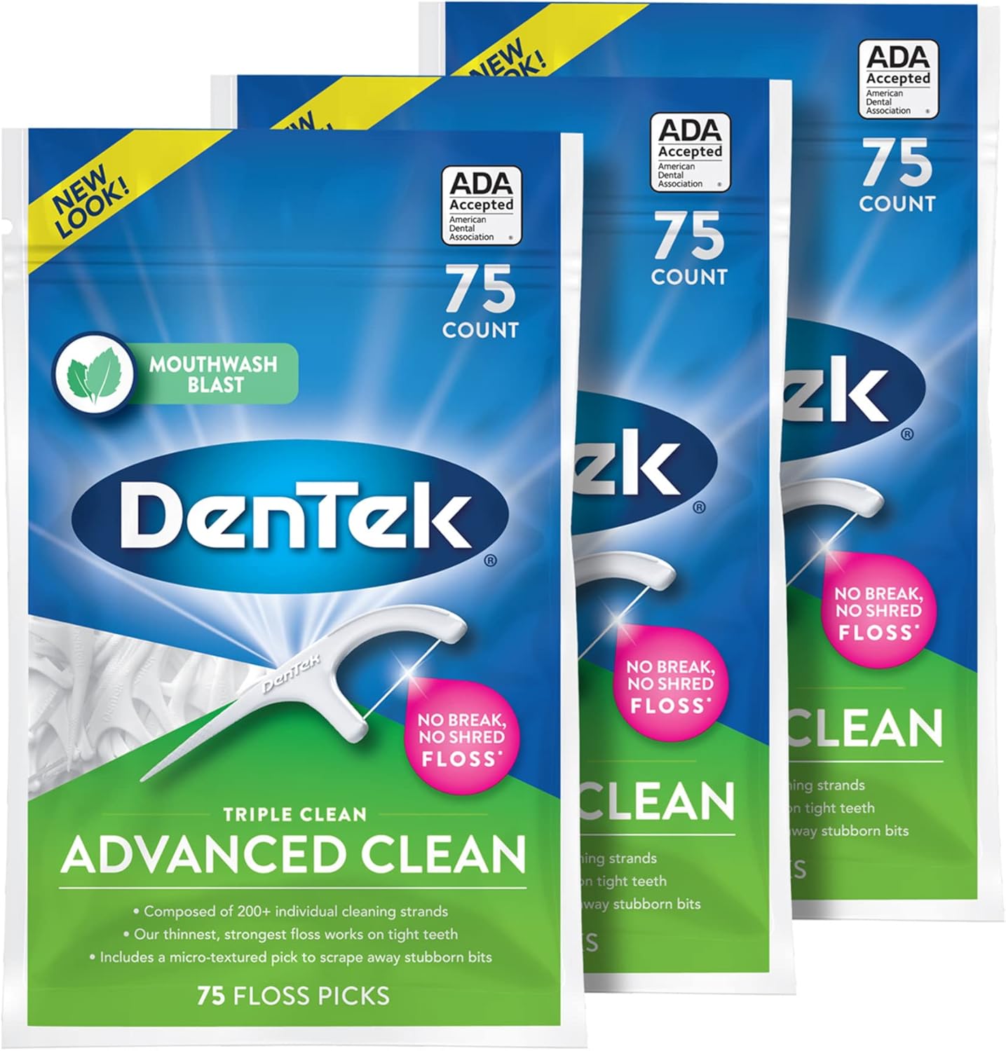 DenTek Triple Clean Advanced Clean Floss Picks, No Break & No Shred Floss, 75 Count, 3 Pack