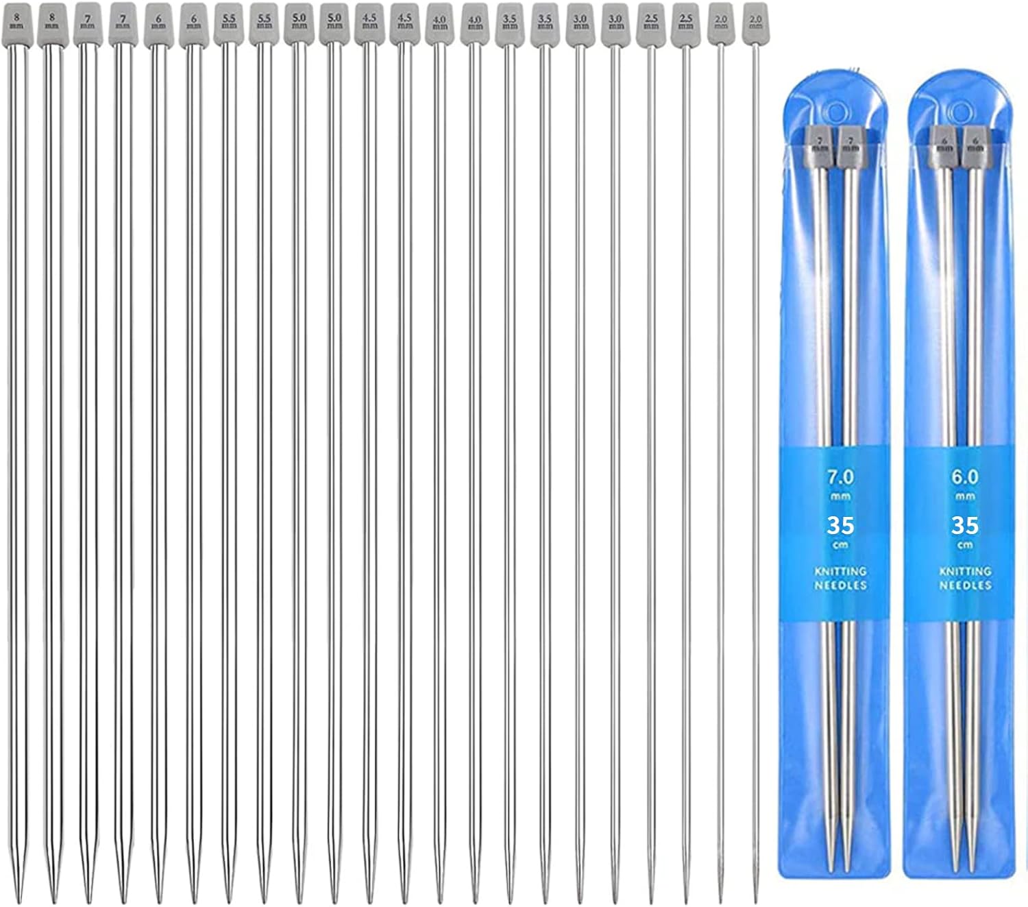 Knitting Needles Set, 11 Pairs Stainless Steel Straight Single Pointed Long Knitting Needles Kits 2.0mm /2.5mm /3.0mm /3.5mm /4.0mm /4.5mm /5.0mm /5.5mm /6.0mm /7.0mm /8.0mm