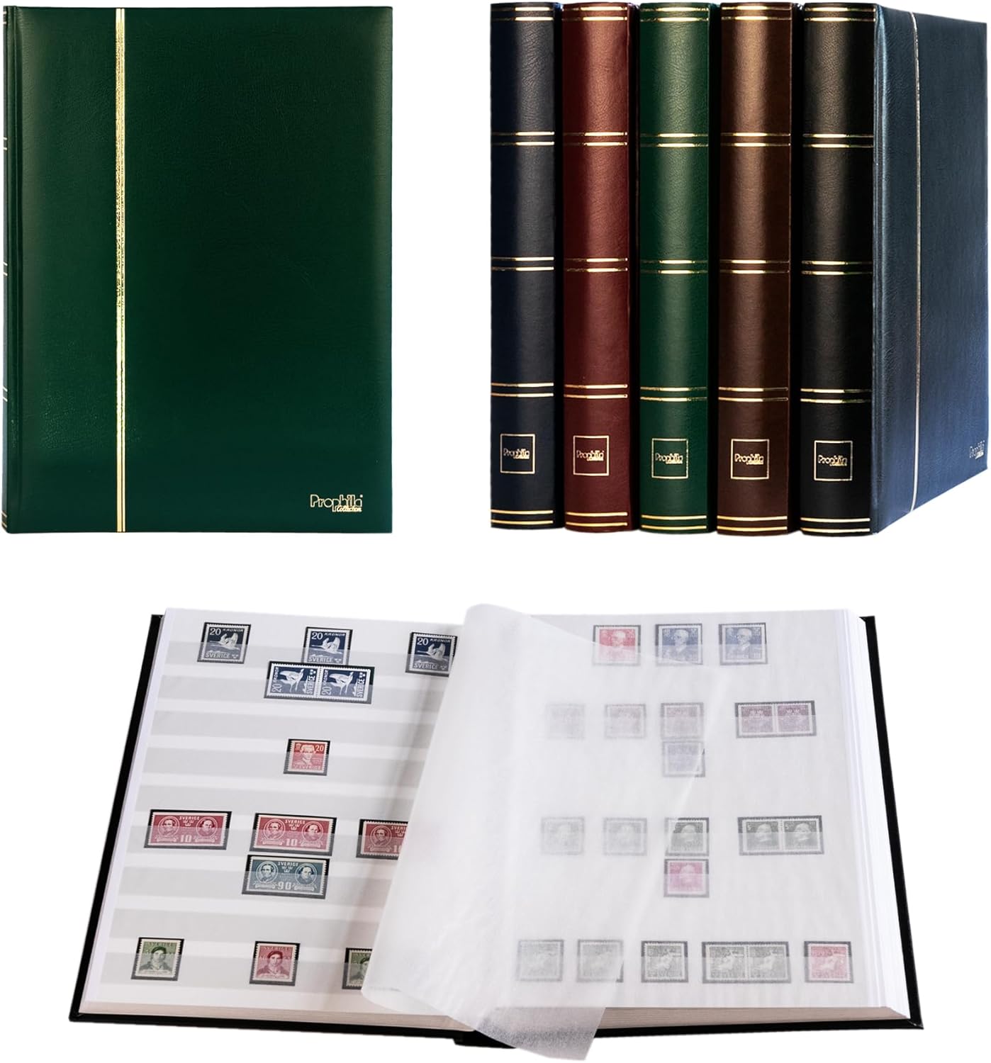 Prophila stockbook Stamp Album (New) 60 White Sides, Padded Green Cover