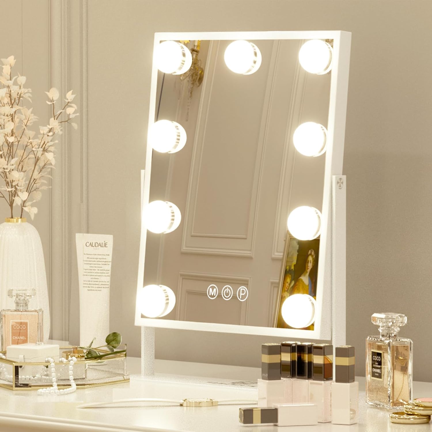 FENCHILIN Vanity Mirror with Lights Makeup Mirror with Lights 9 LED Bulbs Lighted Hollywood Mirror Light up Vanity Mirror 360° Rotation 3 Color Lighting Modes 10X Magnifying Dressing Table Mirror