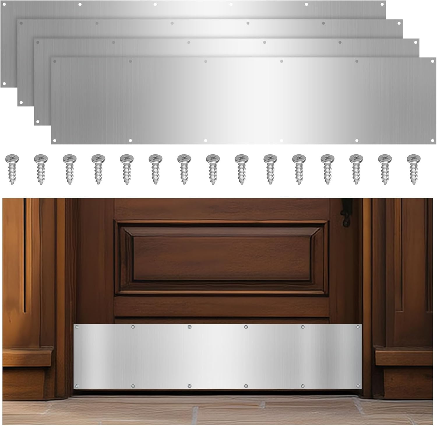 8 x 36 Inches Door Kick Plate with Screws, 4 Sets Satin Aluminum Kick Plates for Interior/Exterior Doors - Anti-Scratch Protection for Wood Metal Doors (4 Sets)