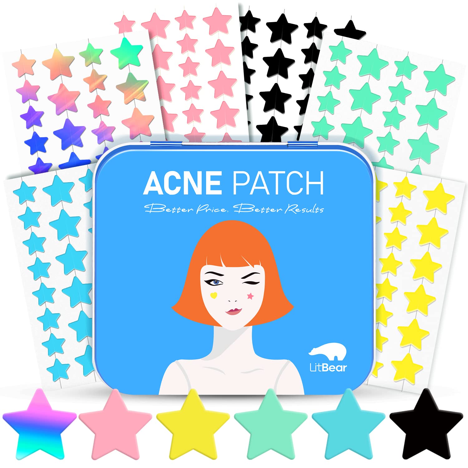 LitBear Acne Pimple Patch, 6 Colors 168 Dots Star Pimple Patches with Tea Tree Oil & Centella Oil, Hydrocolloid Acne Patches for Face Cute Zit Patches Pimple Stickers Acne Dots