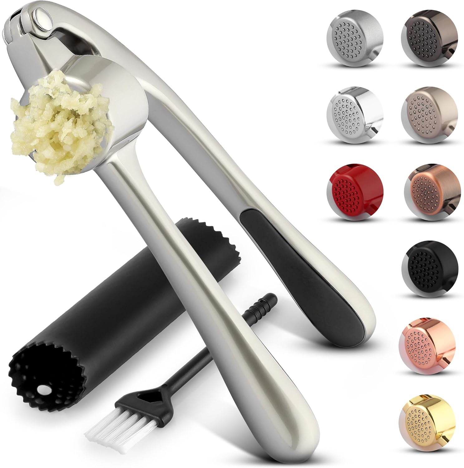 Zulay Kitchen Premium Garlic Press Set - Rust Proof & Dishwasher Safe Professional Garlic Mincer Tool - Easy-Squeeze, Easy-Clean with Soft, Ergonomic Handle - Silicone Garlic Peeler & Brush (Silver)