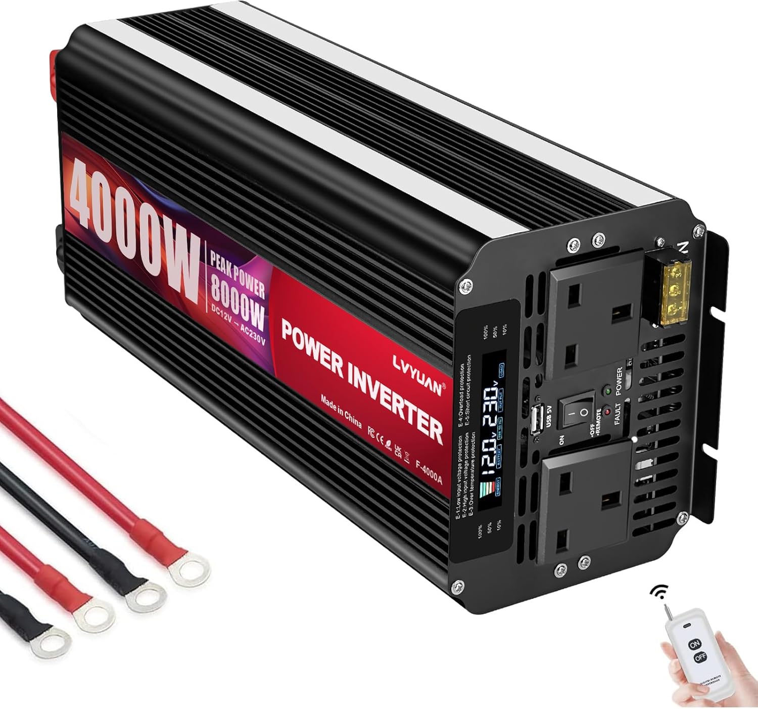 Yinleader POWER INVERTER 4000W /8000W DC TO AC 12V TO 240V 2 UK OUTLETS & USB WITH SOFT START, VOLTAGE DISPLAY CAR CARAVAN CAMPING BOAT