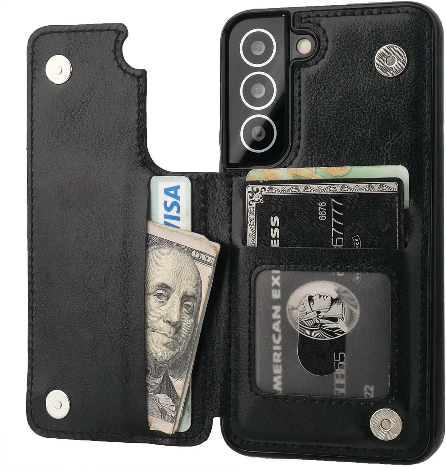 ONETOP Compatible with Samsung Galaxy S22 Wallet Case with Card Holder, PU Leather Kickstand Card Slots Case, Double Magnetic Clasp and Durable Shockproof Cover 5G 6.1 Inch(Black)