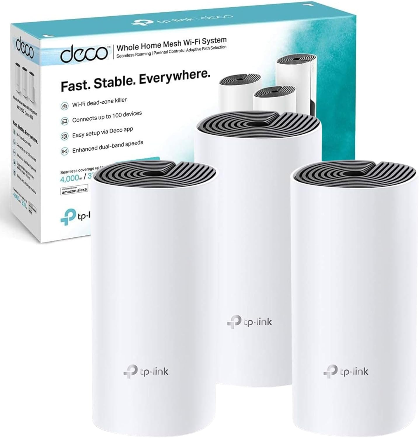 TP-Link Deco M4(3-pack) AC1200Mbps Whole Home Mesh WiFi System, up to 4000 sq ft Coverage, Qualcomm CPU, Dual-Band WiFi Booster with Gigabit Ports, Compatible with Amazon Echo/Alexa, Parent Control