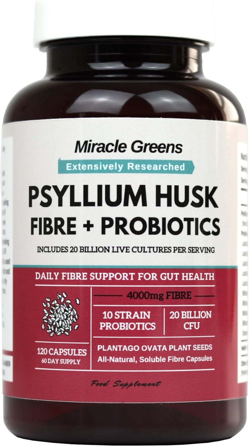 Powerful 4000mg Psyllium Husk Fibre with Probiotics – 20 Billion CFU with 10 Strains – Natural Easy to Absorb Fibre from Plantago Ovata Seeds - 120 Capsules to Promote Regularity & Digestive Health
