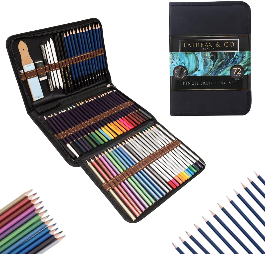 HTI Fairfax & Co 72-Piece Sketching & Drawing Pencil Set | Artist Kit with Shading, Colouring & Charcoal Pencils | Portable Art Supply Case for Kids, Adults & Beginners