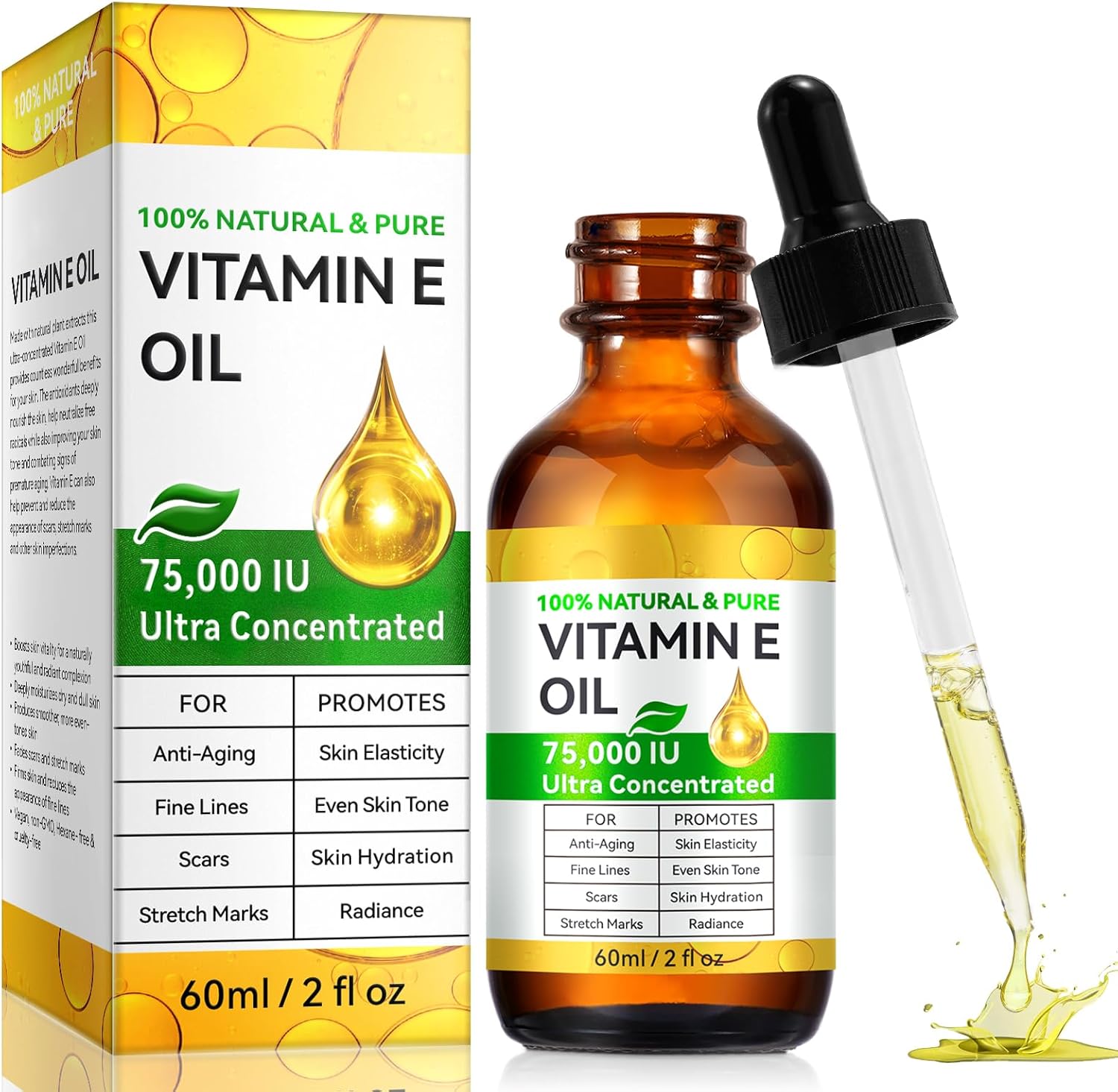 Pure Vitamin E Oil for Skin, Natural Organic Vitamin E oil for Scars, Hair & Face (2 Fl Oz) - Non GMO, Cold Pressed, Cruelty Free Skin Repair & Moisturizing Solution, Easy to Absorbed