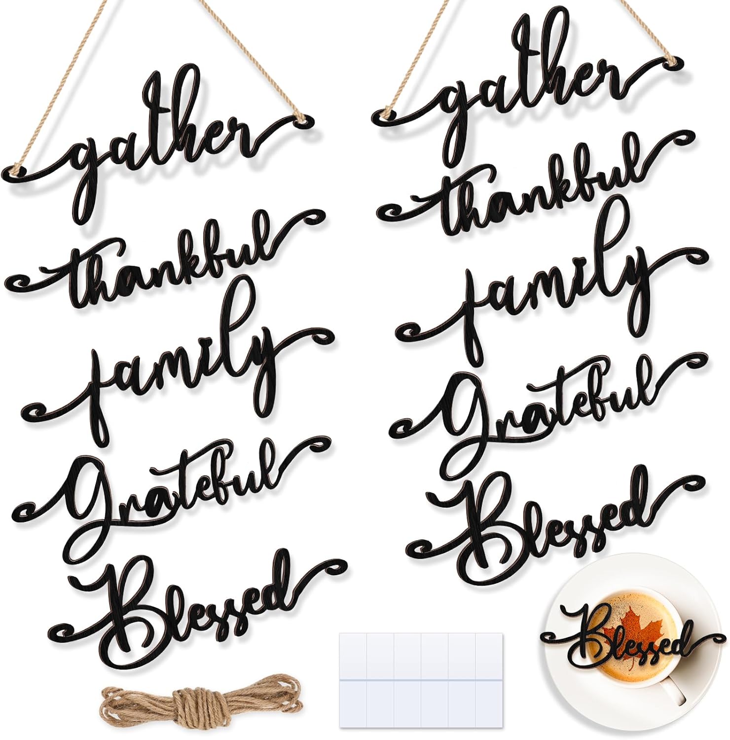Jetec 10 Pieces Thanksgiving Decor Thankful Grateful Blessed Wood Cutout Sign for Plate Table Wall Decor Rustic Wooden Word Cutout Sign Place Card for Place Setting Home Reunion Dinner (Black)