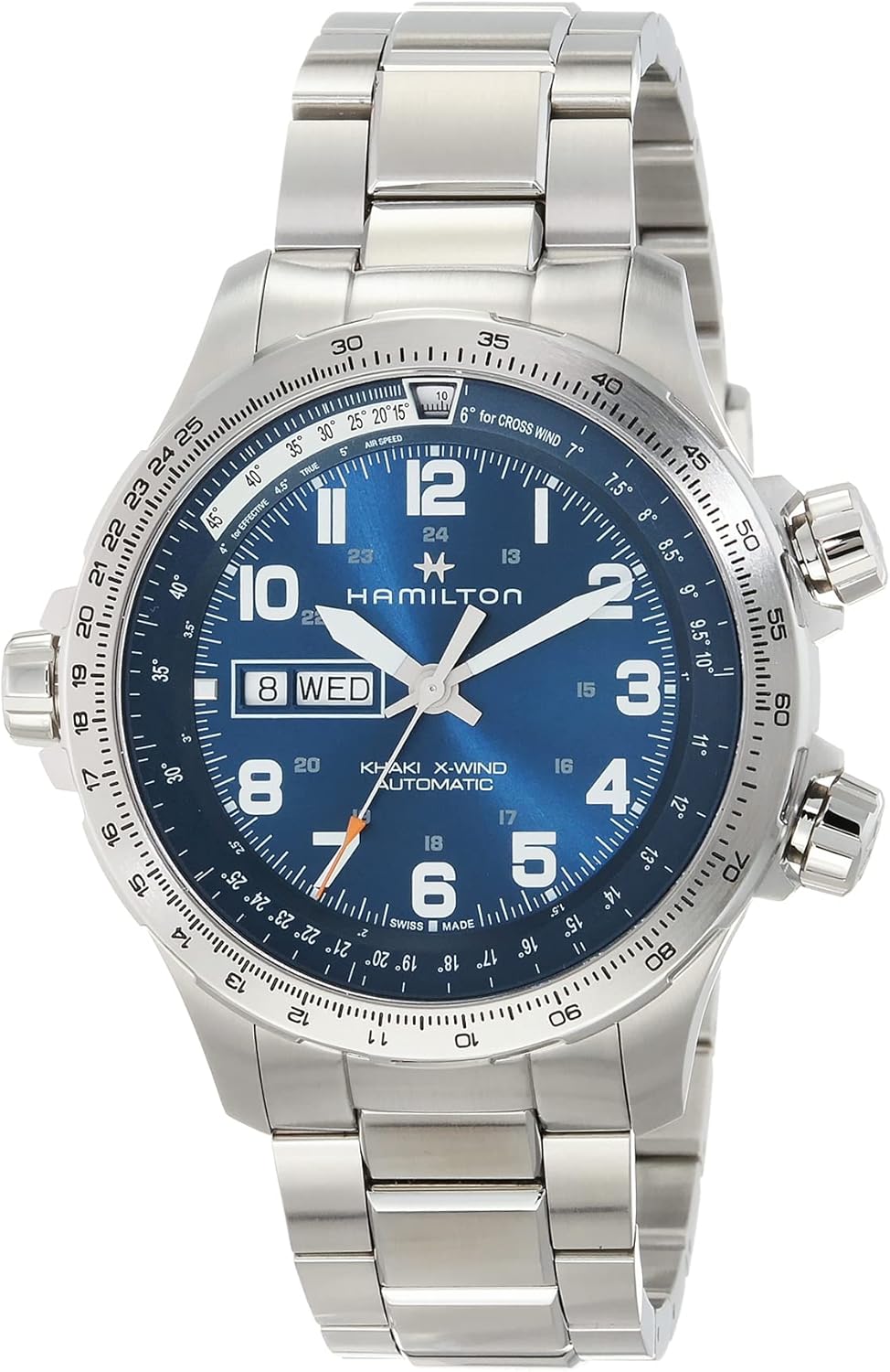Hamilton Watch Khaki Aviation X-Wind Day Date Swiss Automatic Watch 45mm Case, Blue Dial, Silver Stainless Steel Bracelet (Model: H77765141)