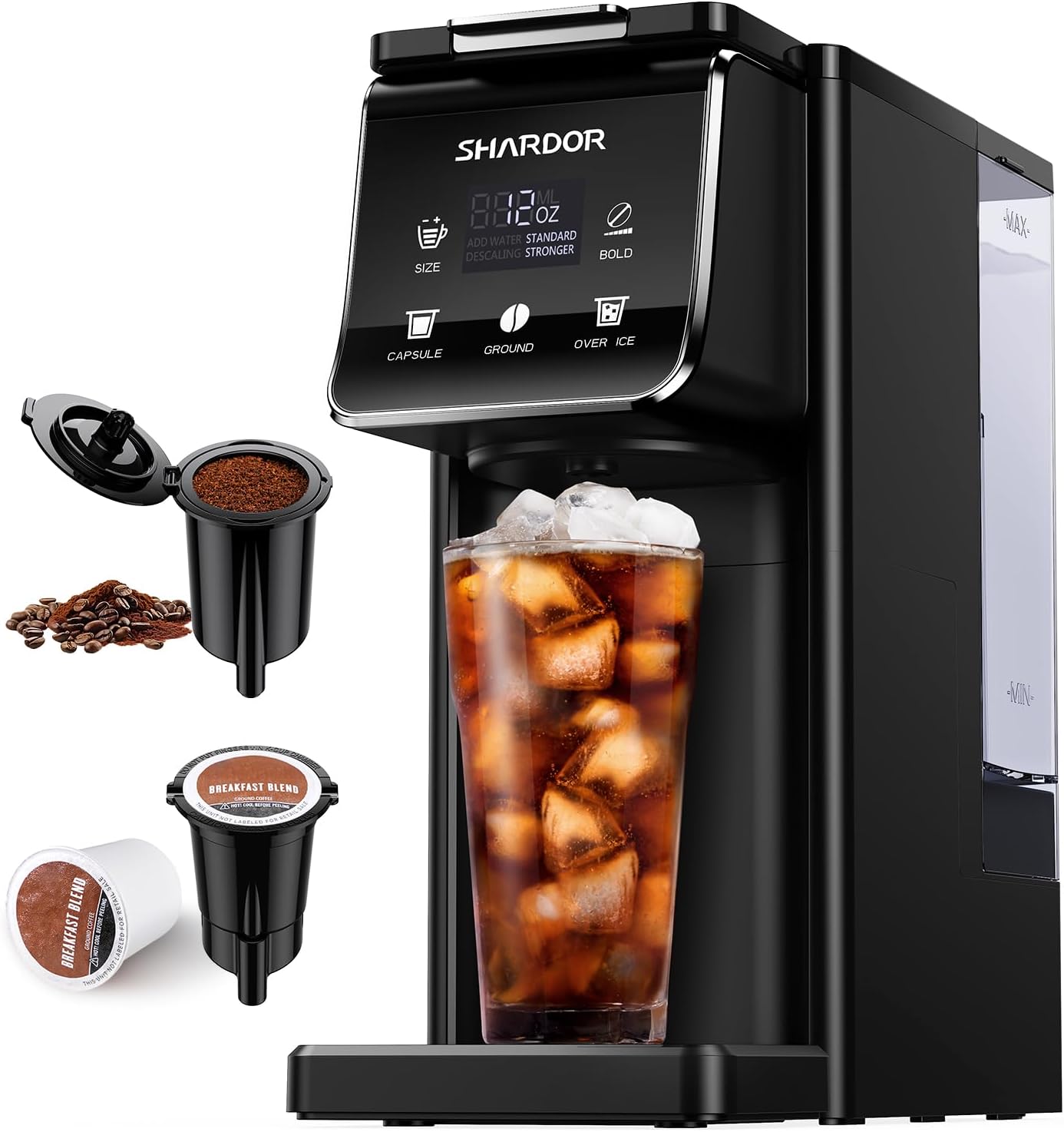 SHARDOR Coffee Maker Hot & Iced With Bold Setting,Single Serve Coffee Maker For K Cup And Grounds，52 Oz Removable Water Tank,6-14 Oz Brew Sizes,One Cup Kcup Coffee Machine With Reusable Filter, Black