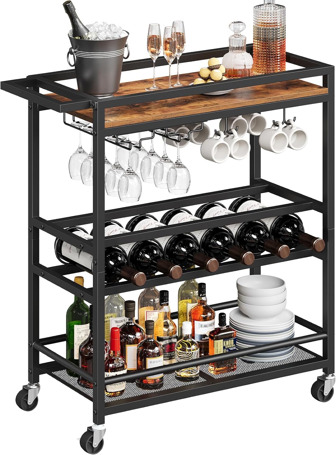 MAHANCRIS Bar Cart, 3-Tier Kitchen Serving Cart with Wine Rack, Wine Glass Rack, and Mug Holder, Rolling Beverage Cart with Shelves and Handle, for Living Room, Pub, Party, Rustic Brown ARCHR11801