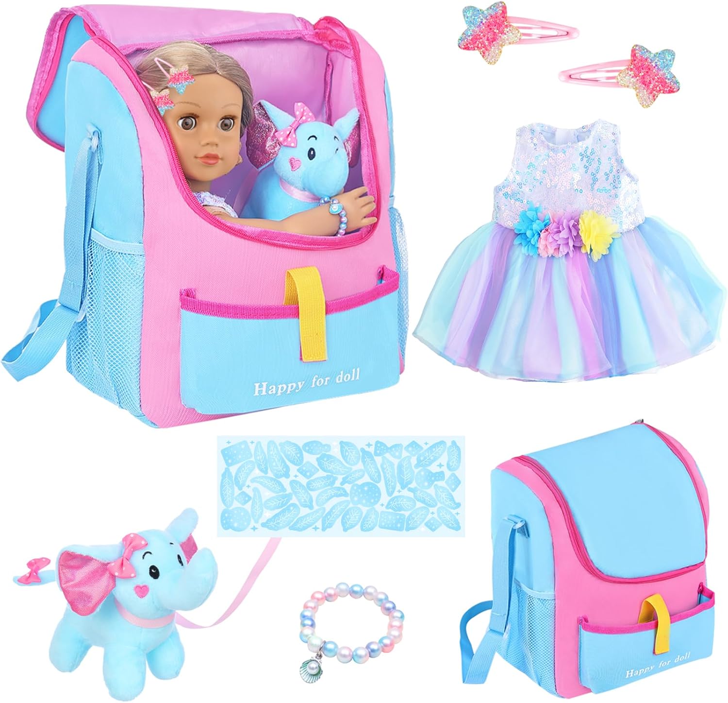 UNICORN ELEMENT 18 Inch Girl Doll Accessories with Doll Carrier Bag + Dress + 2 Hairpins + Blue Sticker + Bracelet + Toy Elephant (18 Inch Doll Accessories and Clothing)