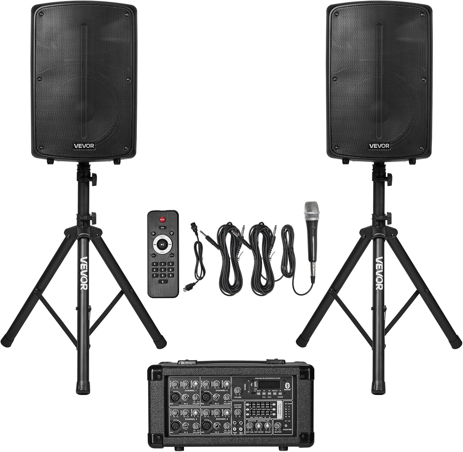 VEVOR Portable PA System with Wireless Microphone & Speakers, 800W Bluetooth PA System, 6-Channel Mixer, Dual 10" Speakers, USB/SD/XLR Inputs, Remote, Stands - for DJs,Events, Fitness, Indoor/Outdoor