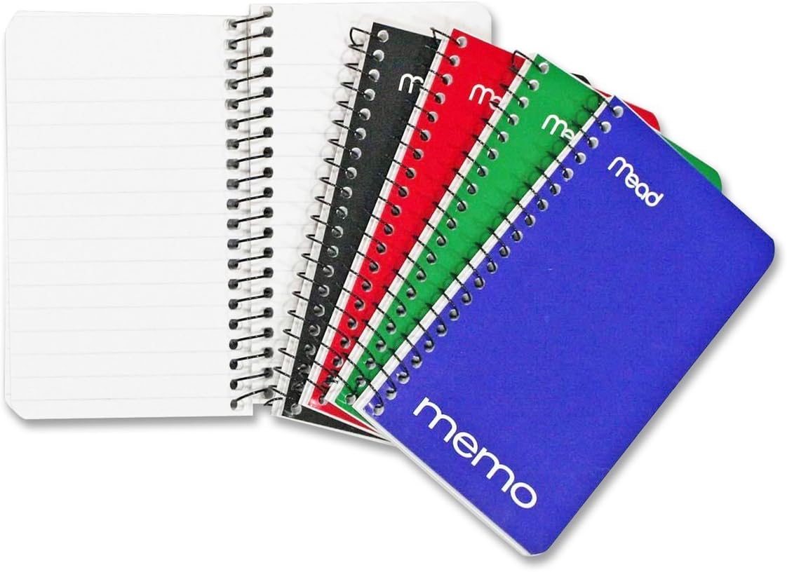 Mead Memo Pads, 8 Pack, Lined College Ruled Paper, Pocket Notebook, Small Spiral Notebooks for Home Office Accessories, School Mini Note Pads, 60 Sheets, 5" x 3", Blue, Black, Red, Green (73605)