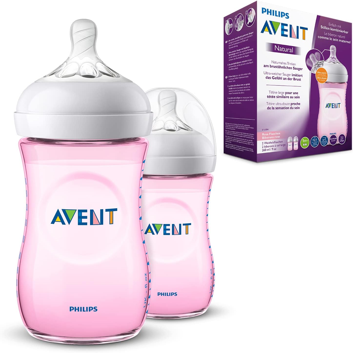 Philips Avent Natural Feeding Bottle 2 Count 260ml, Pink, Translucent, 1 month+