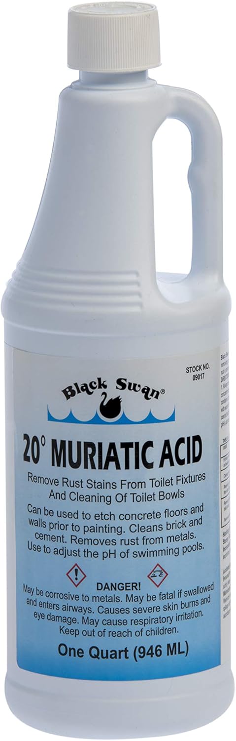 Black Swan 09017 20%-Muriatic Acid, 28%-Hydrochloric acid, 20°-Baume - Used to etch concrete floors and walls prior to painting, cleaning brick and cement, removing rust stains from toilet fixtures
