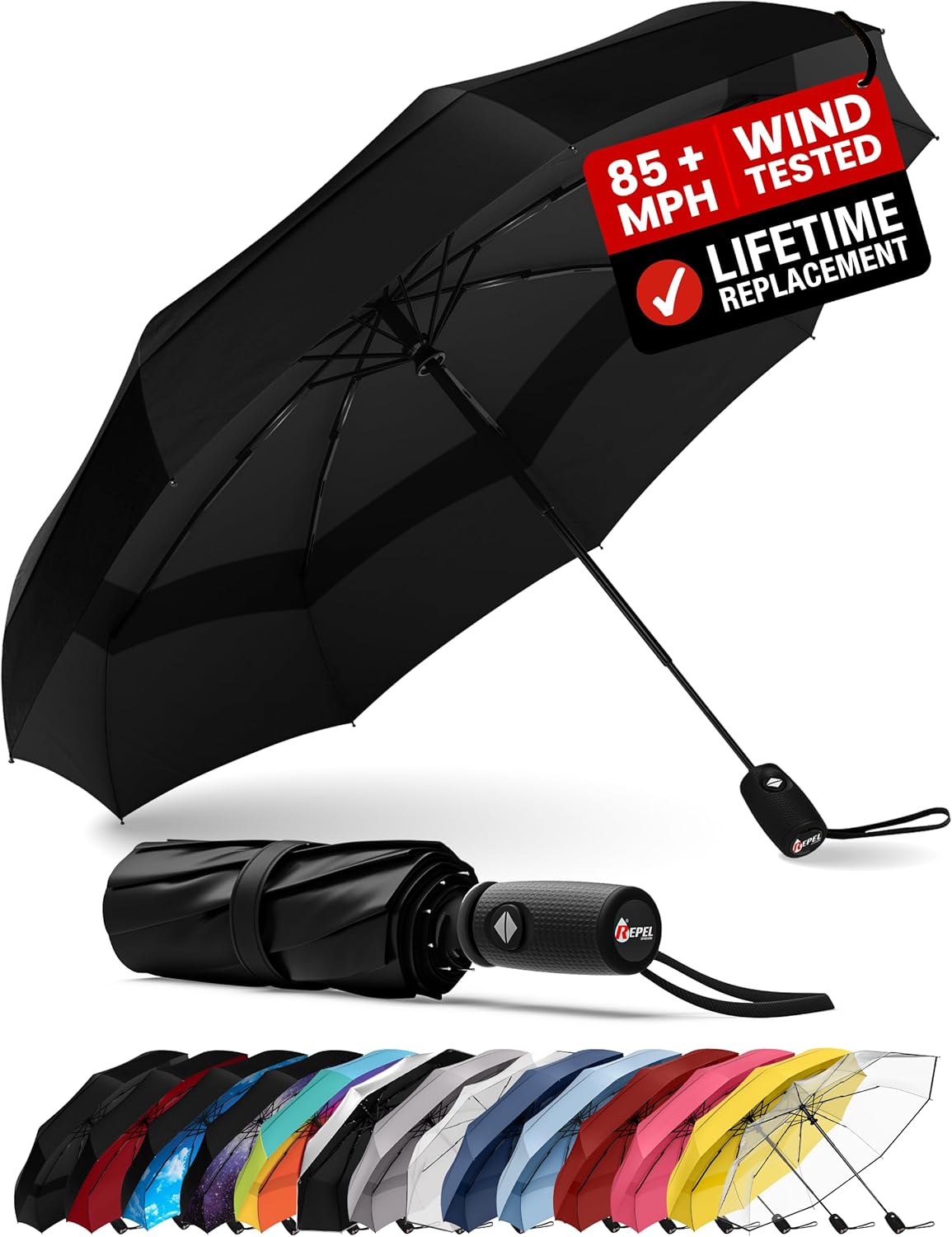 Repel Umbrella Windproof Travel Umbrellas for Rain - Easy Auto Open Close, Durable & Compact, Strong Fiberglass Frame, Waterproof Canopy - Backpack, Purse, Portable UV Umbrella