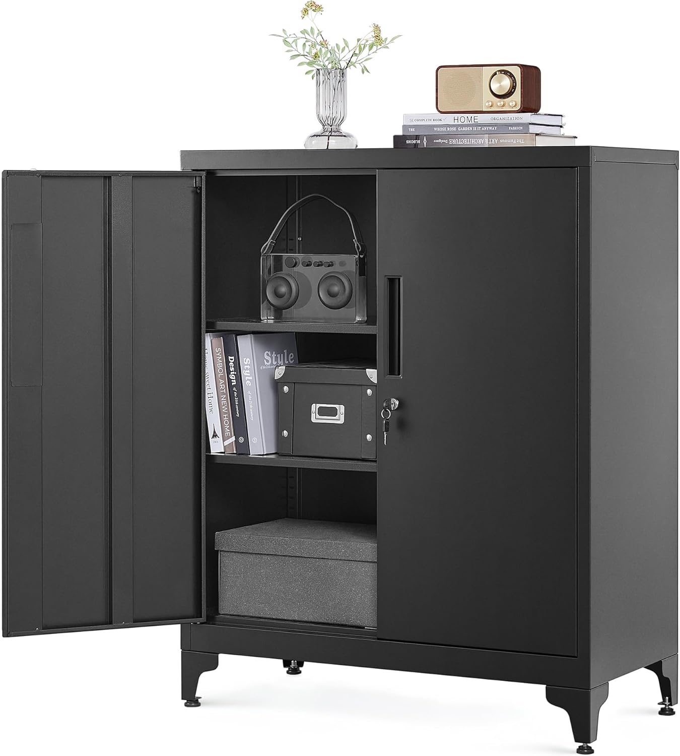 SONGMICS File cabinet, Multipurpose Garage Cabinet, Office Cabinet with 2 Doors, Lockable Cabinet, Steel Storage Cabinet, Deep Storage with Shelves, for Study, Living Room, Black OMC013B01