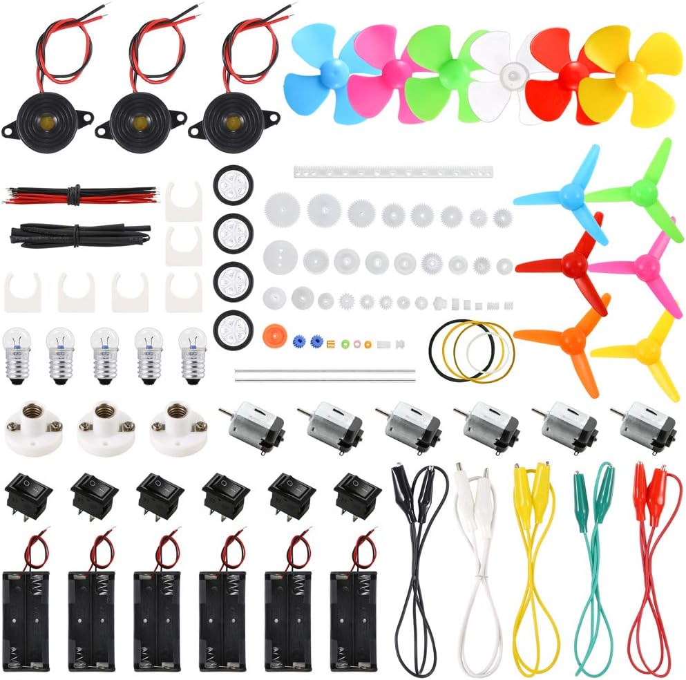 Sntieecr 6 Set 131 PCS DC Motors Kit, Science Experiment Kit Mini Electric Motor 1.5-3V 15000RPM with 66 PCS Bulbs, Buzzer Sounder, Shaft Propeller, Instruction, for Kid DIY STEM Engineering Project