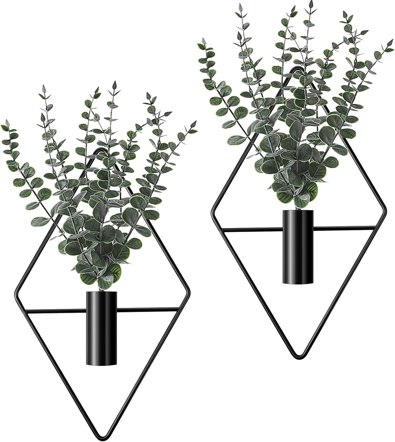 Jexine Hanging Planters with Artificial Eucalyptus Metal Hanging Vase Indoor Plants Holder Modern Geometric Boho Bathroom Wall Decor for Living Room Home Office (Black,4 Pcs)
