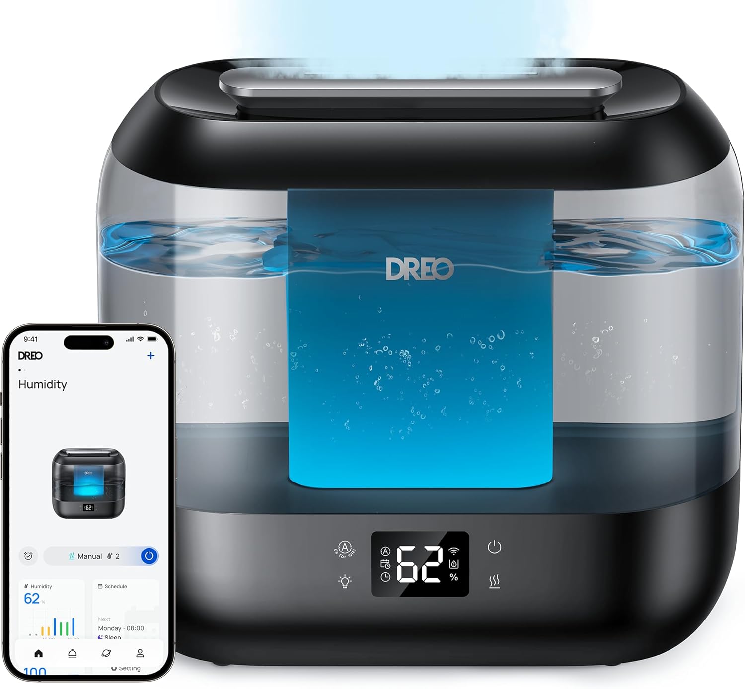 Dreo Smart Humidifiers for Bedroom, Top Fill 4L Supersized Cool Mist Humidifier with Nightlight, 32H Runtime, Touch/APP/Voice Control, 28 dB Quiet Ultrasonic Humidifiers for Large Room, Baby, Plants