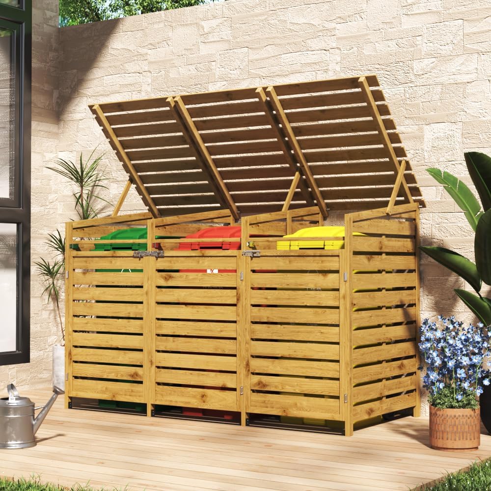 Warmiehomy 3 Wheelie Bin Storage 3 x 240L Wooden Bin Storage for Wheelie Bins, Wooden Recycling Bins Store Outdoor, 1 CM Thick Wood Board, 198 x 86 x 122.5 CM, Yellow