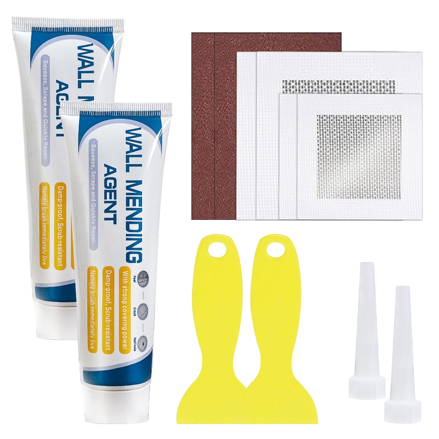 Wall Repair Kit with Drywall Patch, Sandpaper, Filler Paste and Scraper for Repairing Holes, Peeling, Graffiti, Cracks