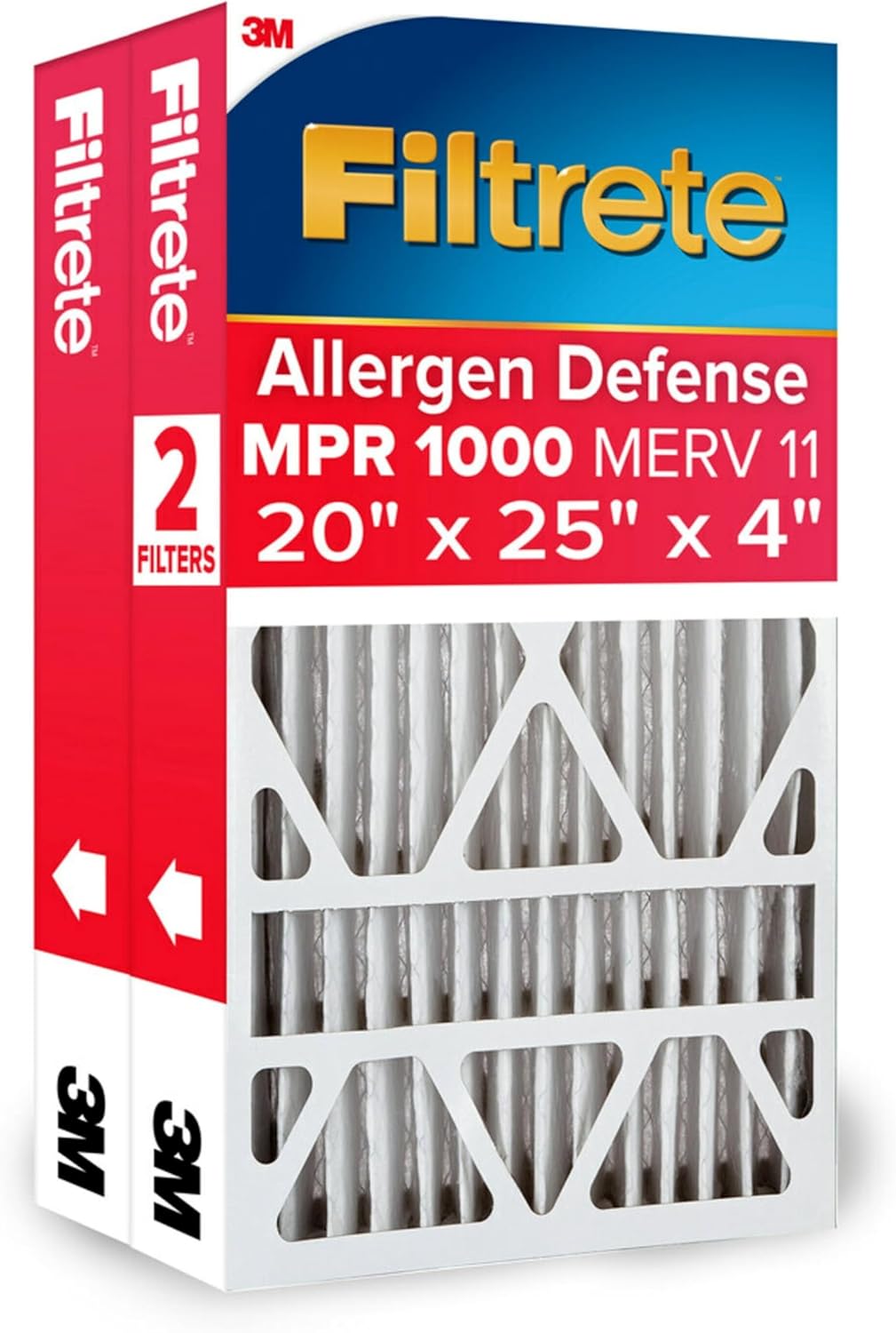 Filtrete 20x25x4 Air Filter, MPR 1000, MERV 11, Allergen Defense 12-Month Deep Pleated 4-Inch Air Filters, 2 Filters