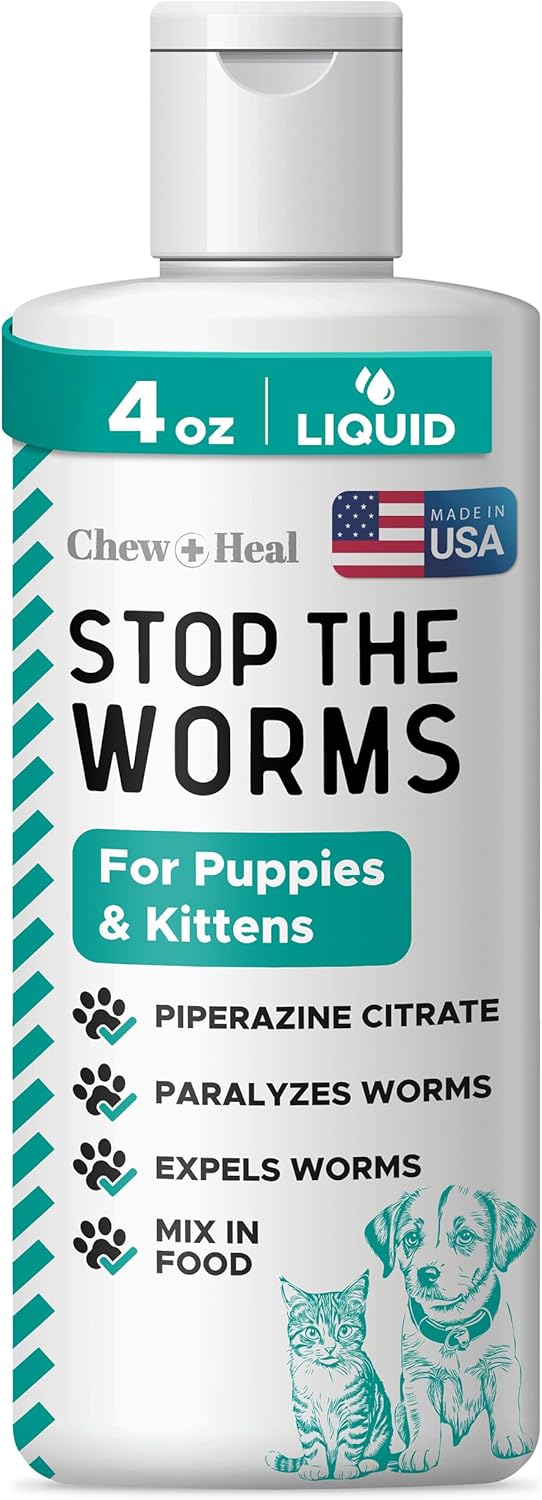 Dog and Cat Dewormer Liquid - 4 oz Wormer Solution to Paralyze and Expel Roundworms - Kitten and Puppy Dewormer