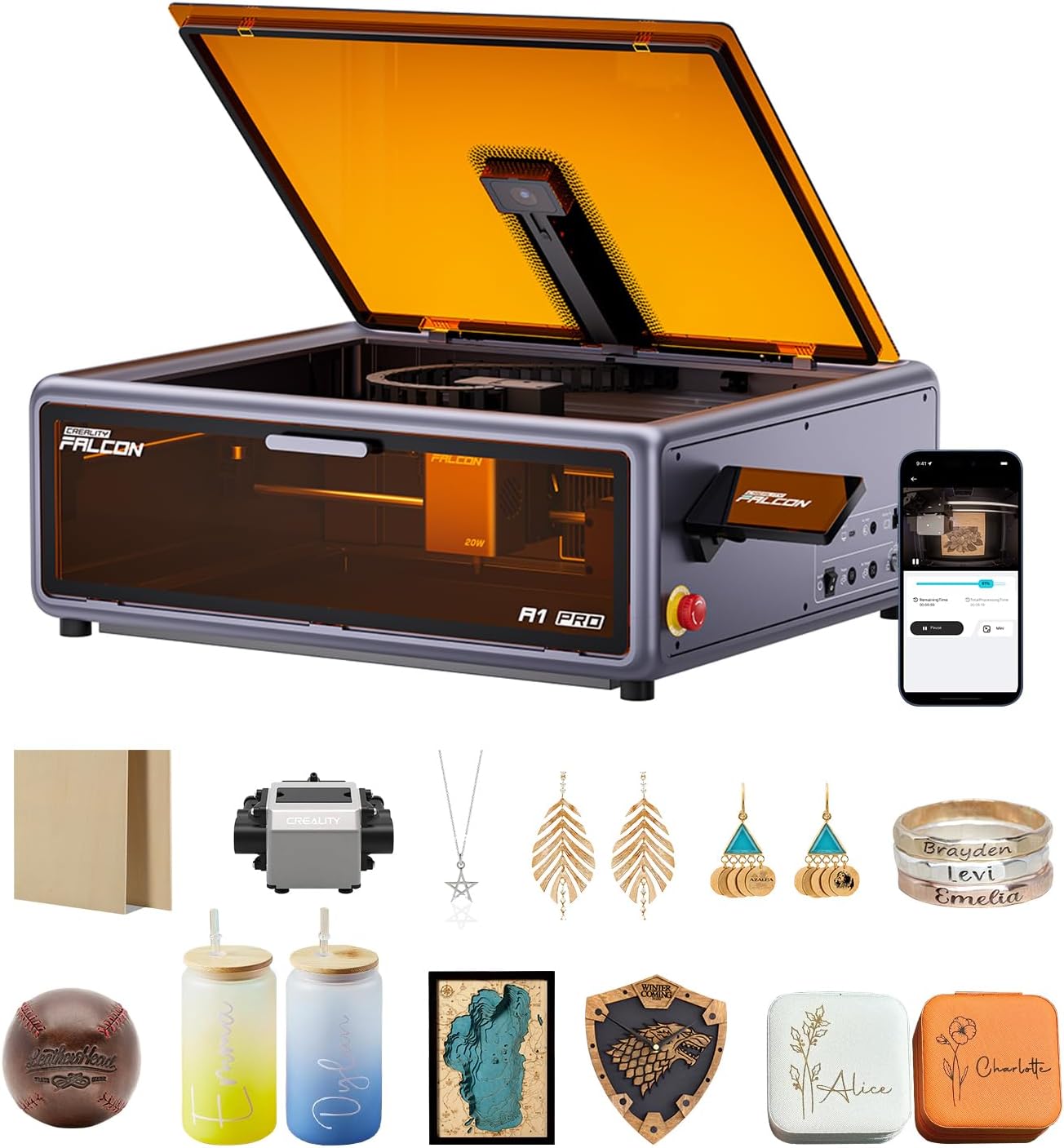 Creality Falcon A1 Pro 20W Laser Engraver, Full Enclosed 180W Output Laser Engraver Machine, Touch Screen, Auto Focus, APP Control, Pre-Assembled, Ideal for Wood and Metal, Class 1 Safety