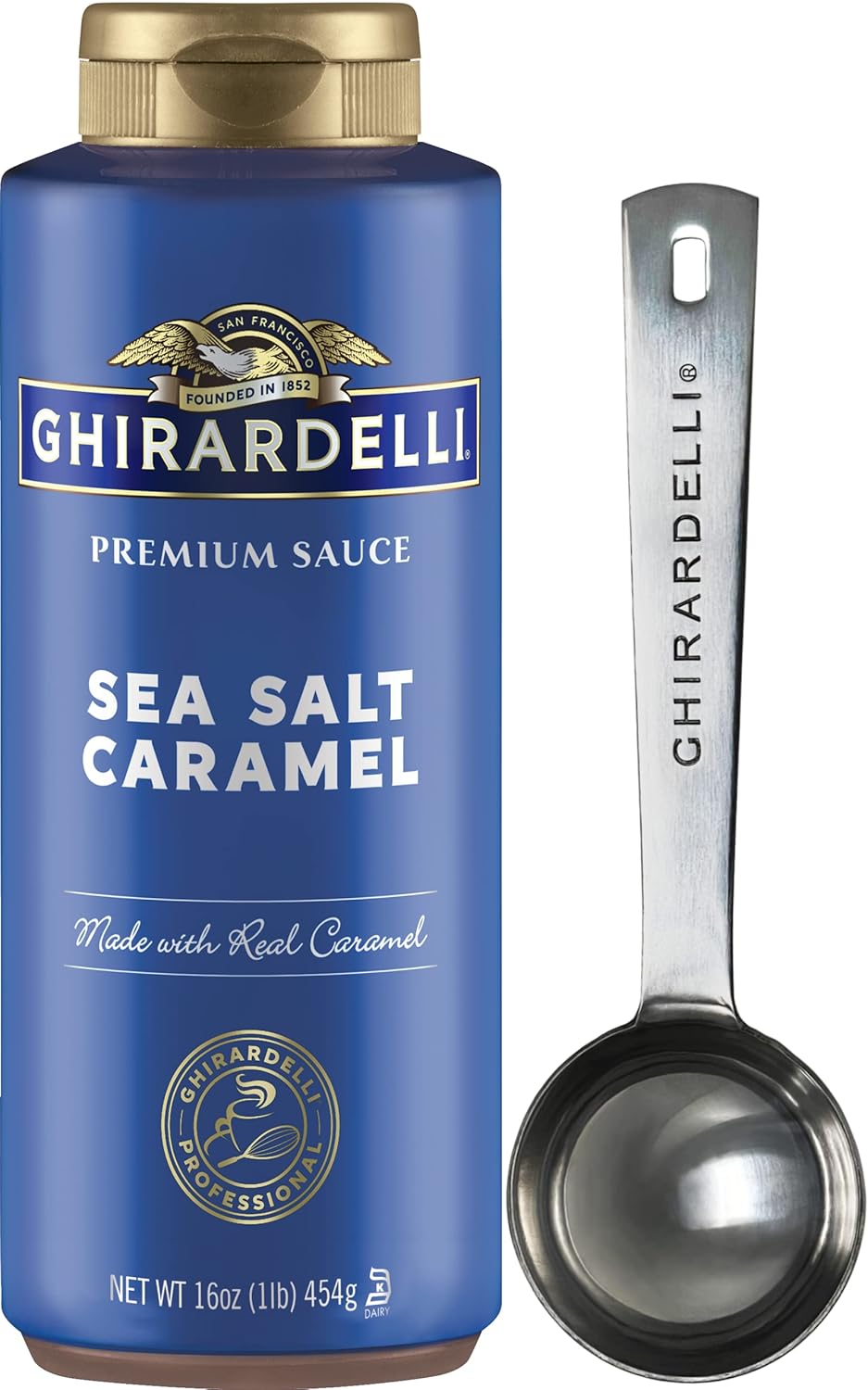 Ghirardelli Sea Salt Caramel Flavored Sauce, 16 Ounce Squeeze Bottle with Ghirardelli Stamped Barista Spoon